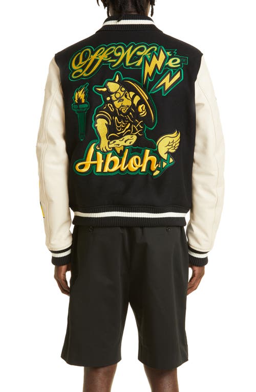 Shop Off-white Stretch Wool Blend & Leather Varsity Jacket In Black/yellow