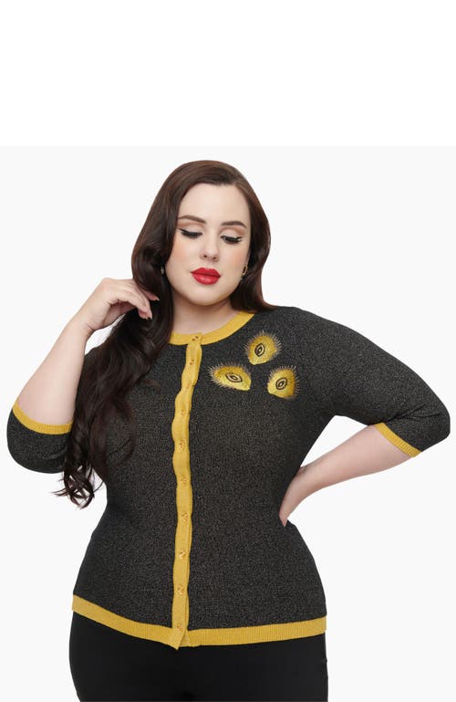 Unique Vintage Plus Size Bookworm Cardigan In Black & Gold Peacock Feathers