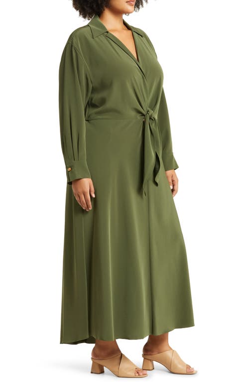 Vince Tie Waist Long Sleeve Dress In Bay Leaf