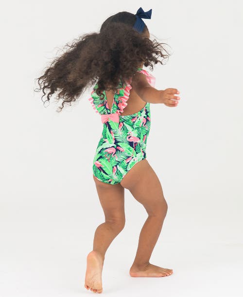 Shop Rufflebutts Girls V-back Upf50+ One Piece In Flamingo Frenzy