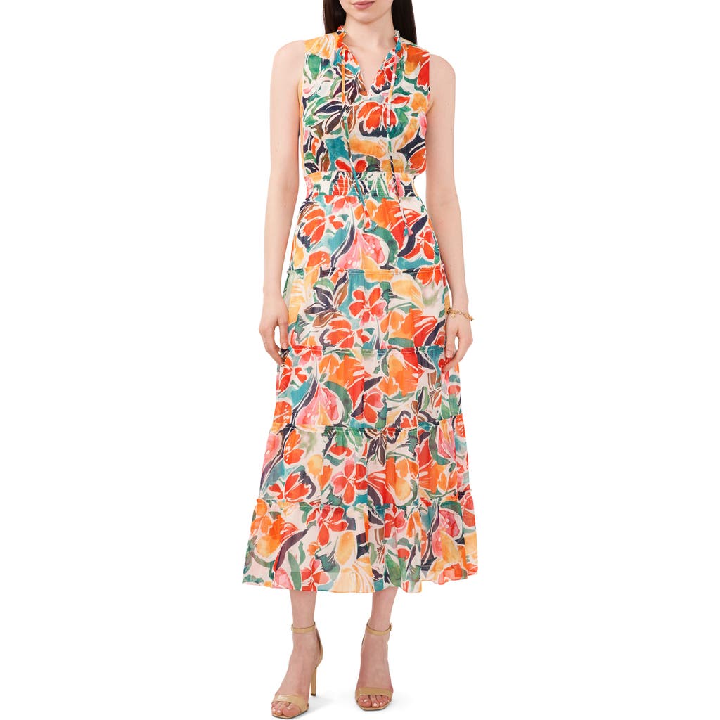 Chaus Floral Tie Neck Maxi Dress In Red/yellow