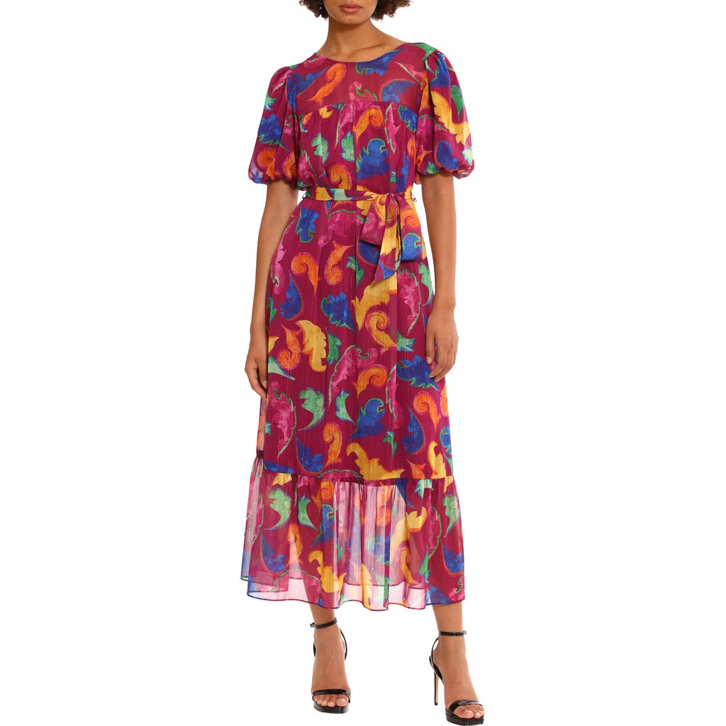 Donna Morgan For Maggy Floral Tiered Puff Sleeve Tie Waist Dress In Ripe Plum/azalea