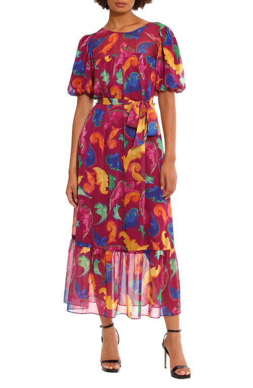 Shop Donna Morgan For Maggy Floral Tiered Puff Sleeve Tie Waist Dress In Ripe Plum/azalea