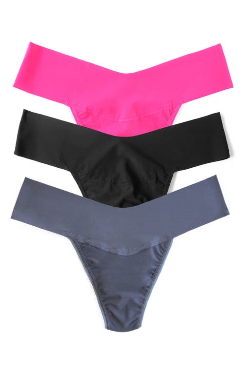 Shop Hanky Panky Breathe Assorted 3-pack V-cut Thongs In Black/hot Fuchsia/granite