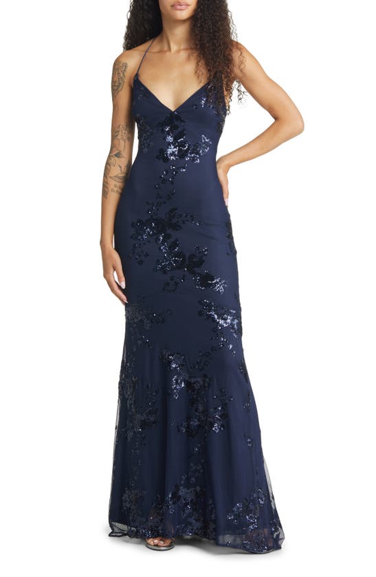 Lulus Valhalla Navy Blue Sequin Lace-up Maxi Dress In Blue Floral Print
