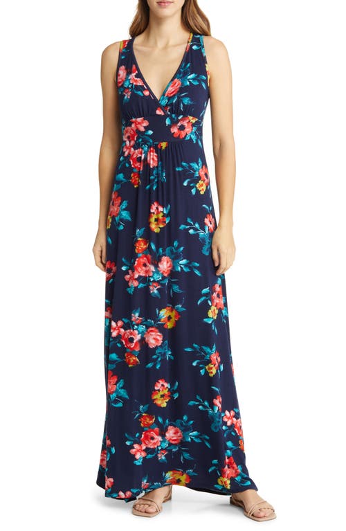 Loveappella Floral Print Sleeveless Jersey Maxi Dress in Navy/Coral at Nordstrom, Size X-Small