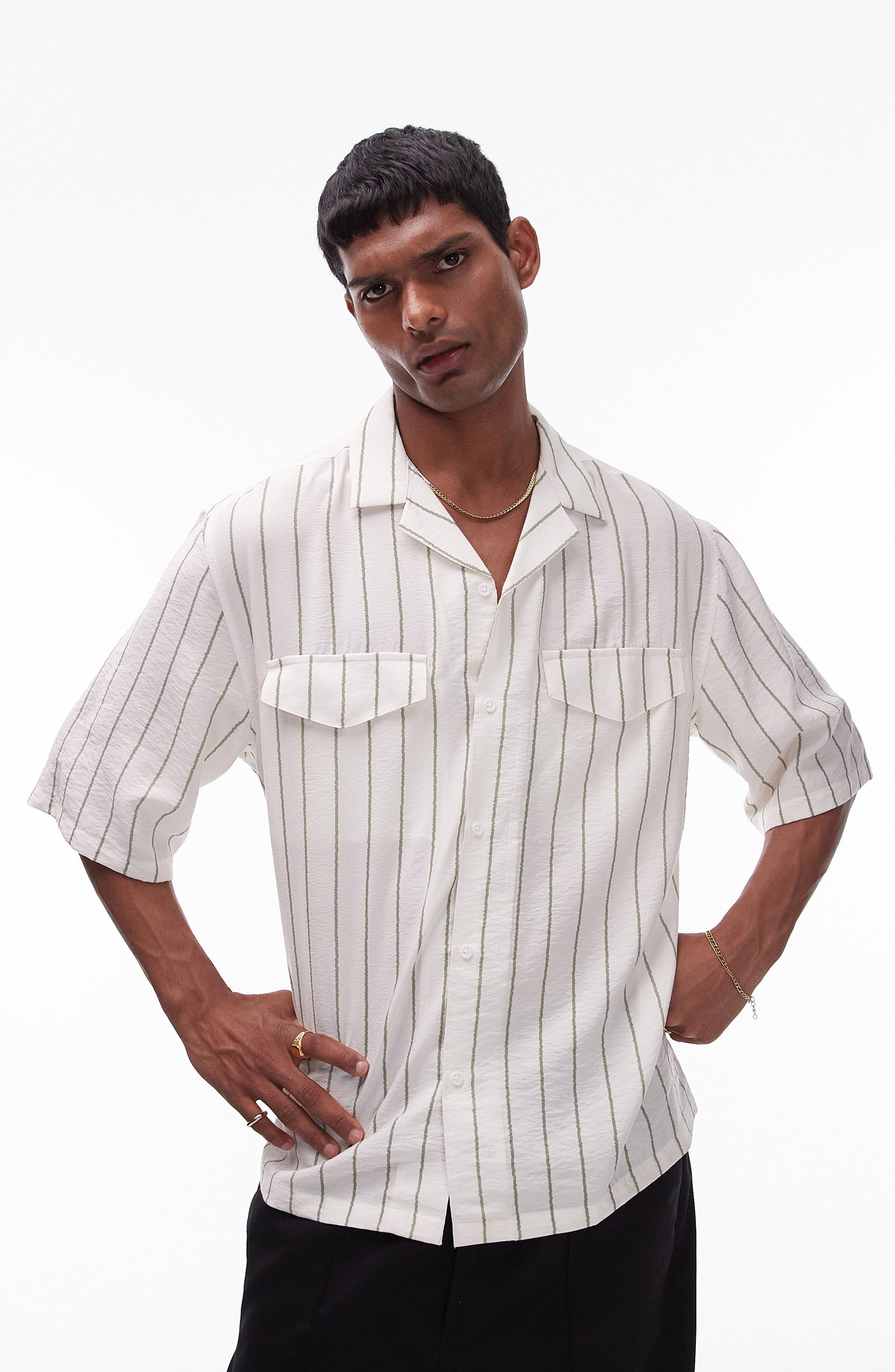 Topman Textured Stripe Short Sleeve Button-Up Camp Shirt in Off White 
