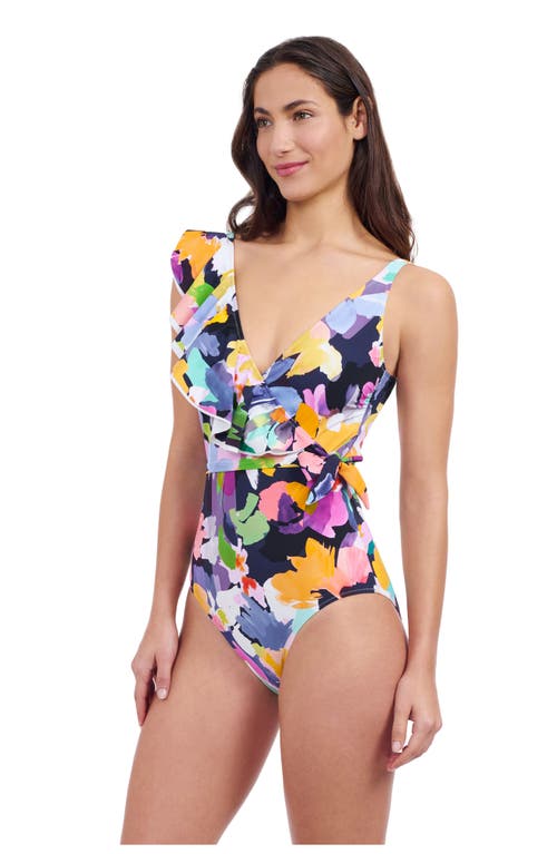 Profile By Gottex Holi Ruffle V Neck Surplice Tie Knot One Piece In Multi