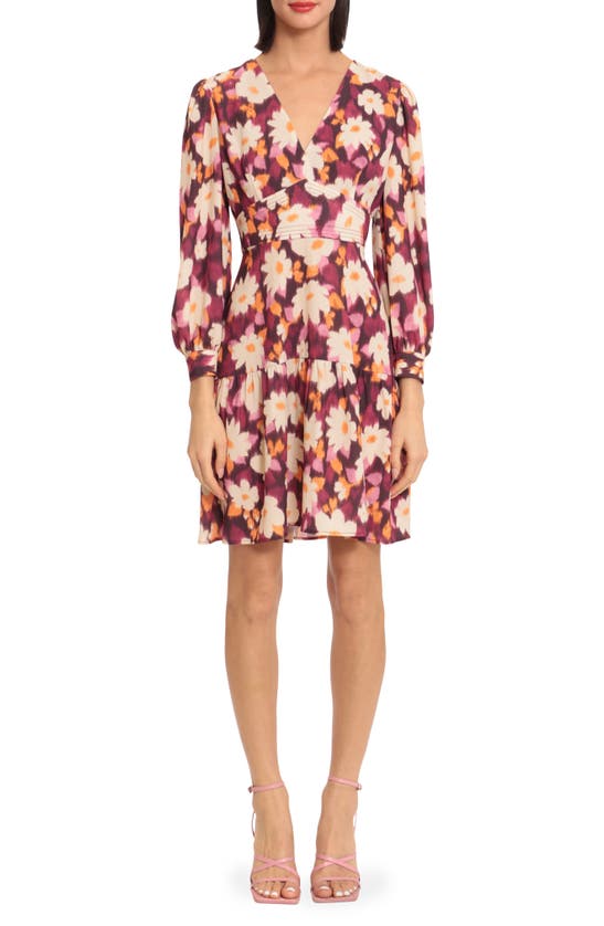 Donna Morgan Floral Long Sleeve Fit & Flare Dress In Burgandy Apricot