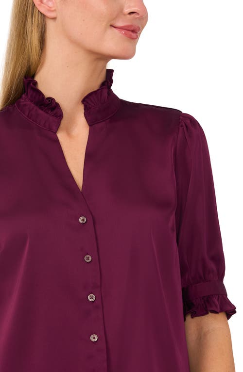 Shop Cece Frill Cuff Satin Button-up Shirt In Pickled Beet Burgundy