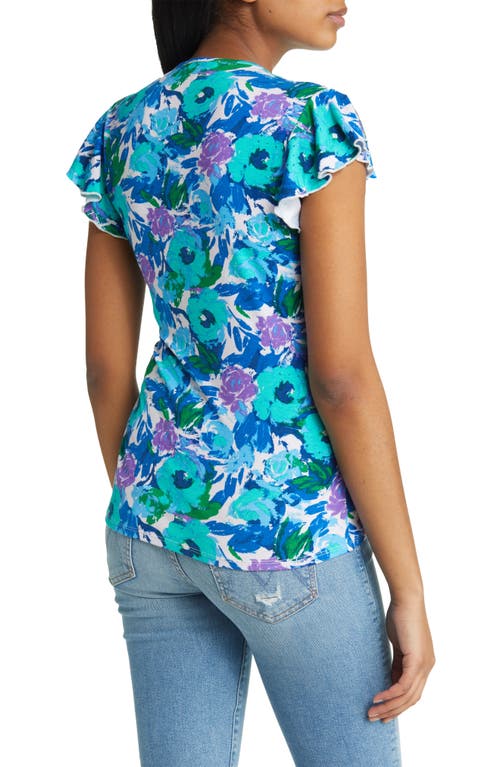 Shop Loveappella Floral Flutter Sleeve Knit Wrap Top In Aqua/violet