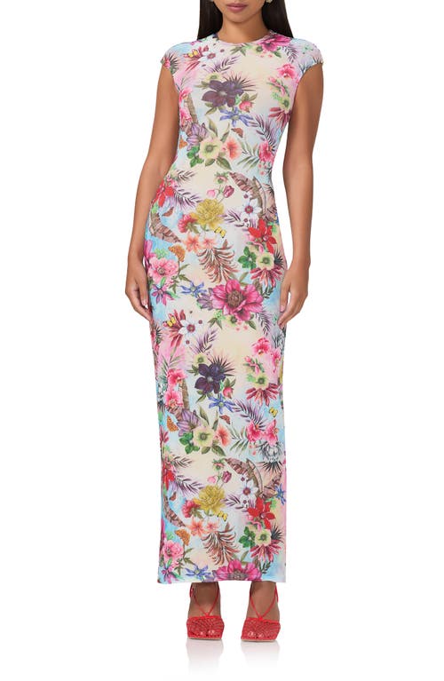 Shop Afrm Cody Printed Cap Sleeve Mesh Maxi Dress In Tropical Convo