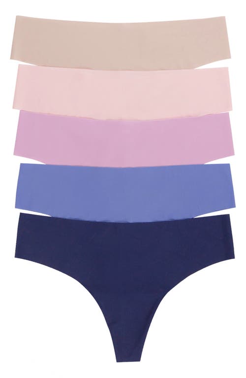 Felina Hint Of Skin Assorted 5-pack Thongs In Lilac Pink/orchid/blue