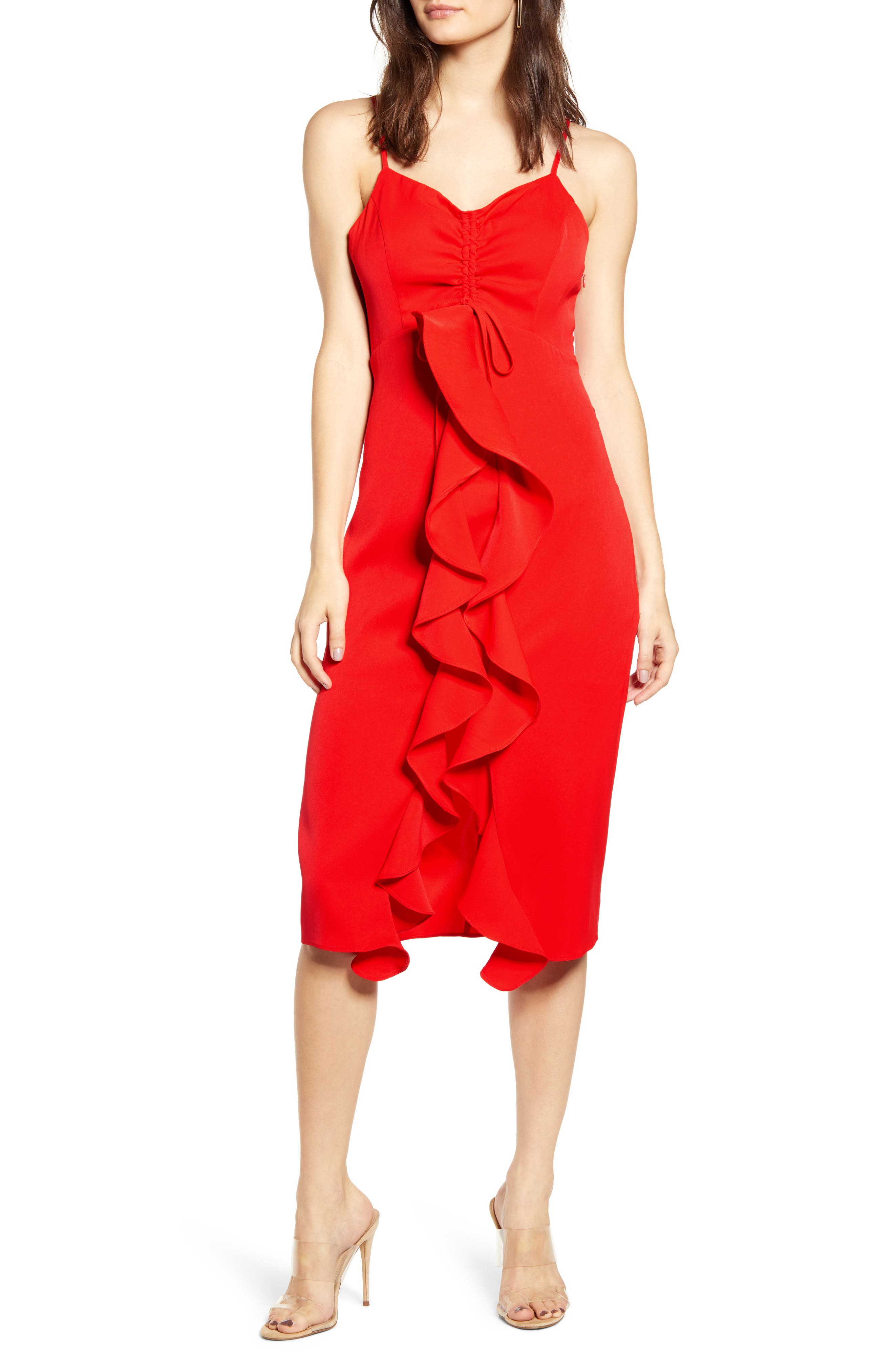 Endless Rose Strapless Ruffle Front Midi Dress, Red