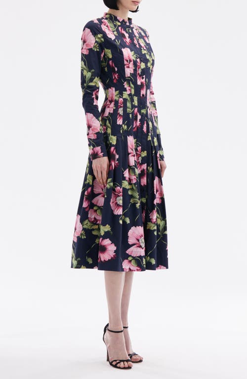 Shop Oscar De La Renta Paneled Poppy Print Long Sleeve Midi Shirtdress In Navy/pink