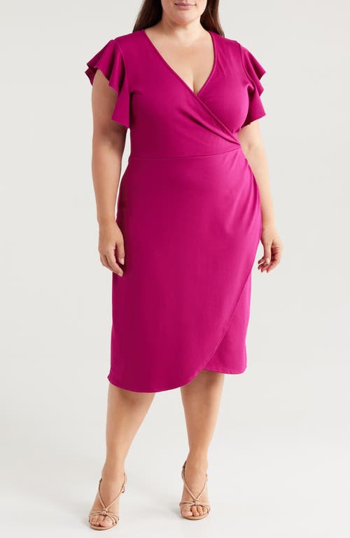 Shop 24seven Comfort Apparel Ruffle Sleeve Stretch Faux Wrap Dress In Magenta