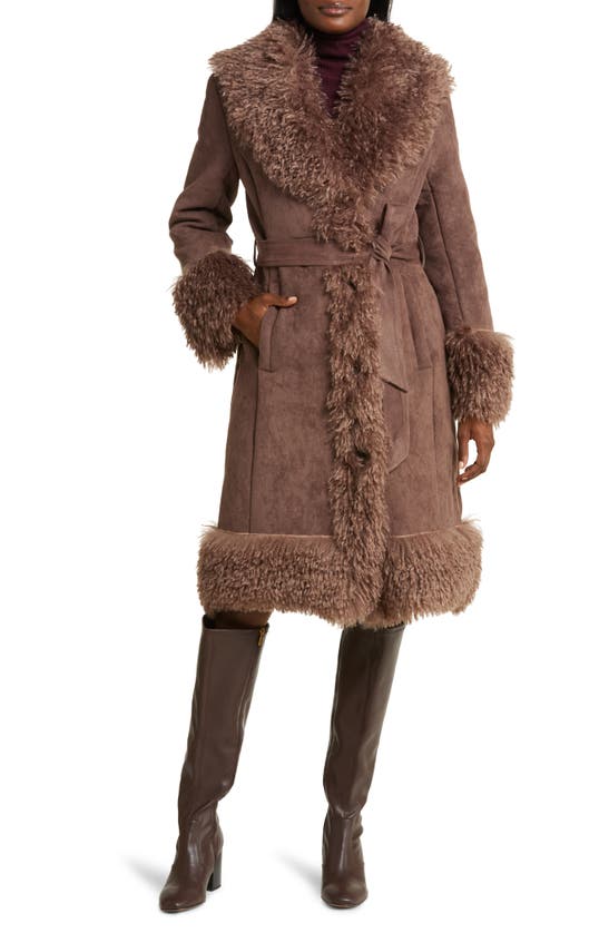 Avec Les Filles Faux Suede Wrap Coat With Faux Fur Trim In Brown