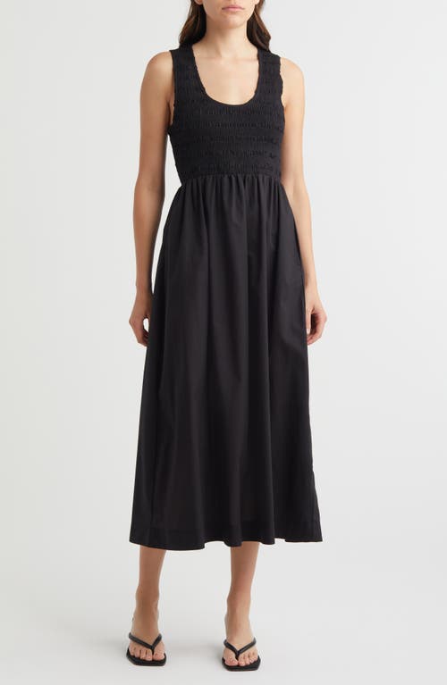 Matera Smock Bodice Sleeveless Organic Cotton Midi Dress in Black