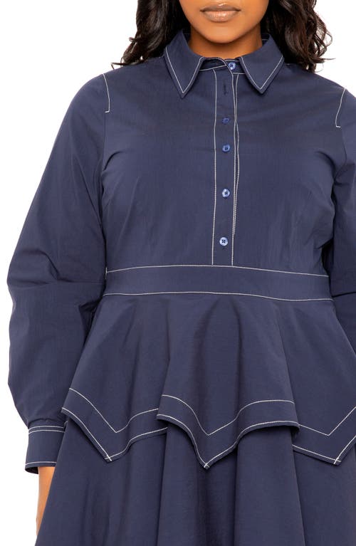 Shop Buxom Couture Topstitched Long Sleeve Peplum Shirtdress In Navy