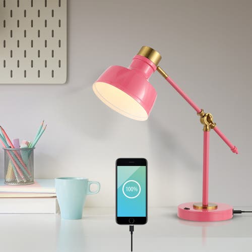 Jonathan Y Allegra Classic Farmhouse Adjustable Cantilever Led Task Lamp With Usb Charging Port In Pink/brass Gold