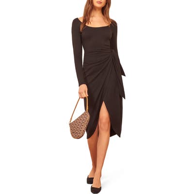 Reformation Elisa Tie Waist Long Sleeve Dress, Black