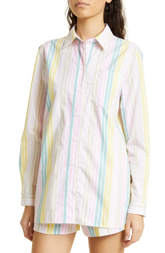Shop Ganni Stripe Organic Cotton Button-up Shirt In Pink Multicolour