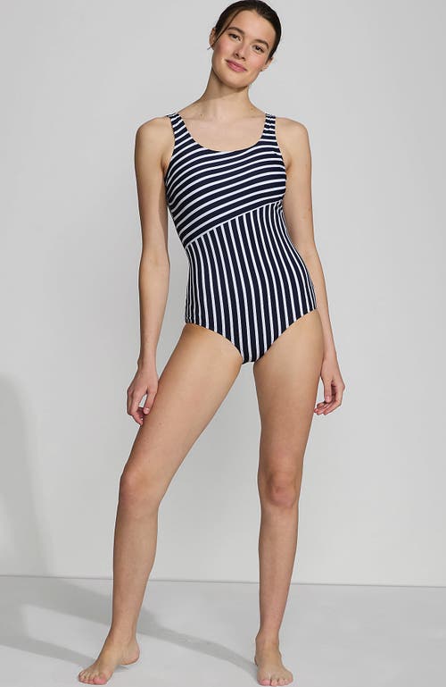 Shop Lands' End Scoop Neck Tugless Sporty One Piece Swimsuit In Deep Sea/white Media Stripe