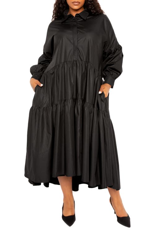 Long Sleeve Tiered Cotton Blend Shirtdress in Black