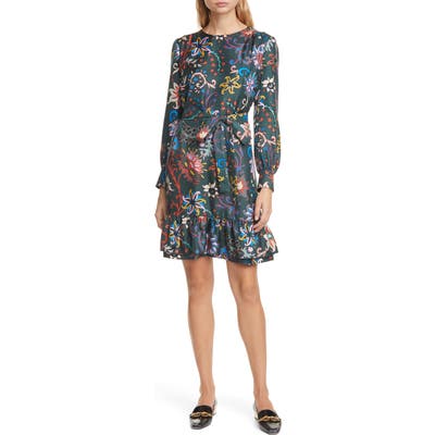 Tory Burch Floral Long Sleeve Silk Twill Dress, Green
