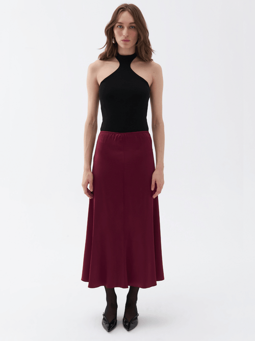 Shop Nocturne Elastic Waisted Midi Skirt In Burgundy