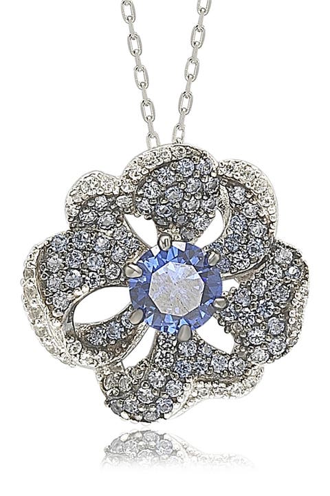 Sterling Silver Sapphire & Diamond Accent Whimsical Flower Pendant Necklace - 0.02ct.
