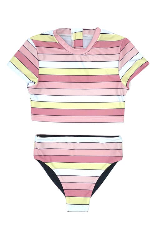 Feather 4 Arrow Kids' Cabana Stripe Reversible Two-Piece Rashguard Swimsuit in Sun