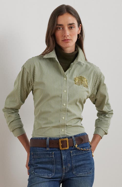 Shop Lauren Ralph Lauren Stripe Lion Crest Cotton Button-up Shirt In Olive/white