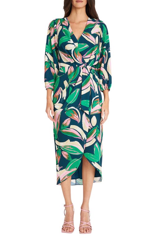 Shop Maggy London Faux Wrap Dress In Navy/pink/emerald