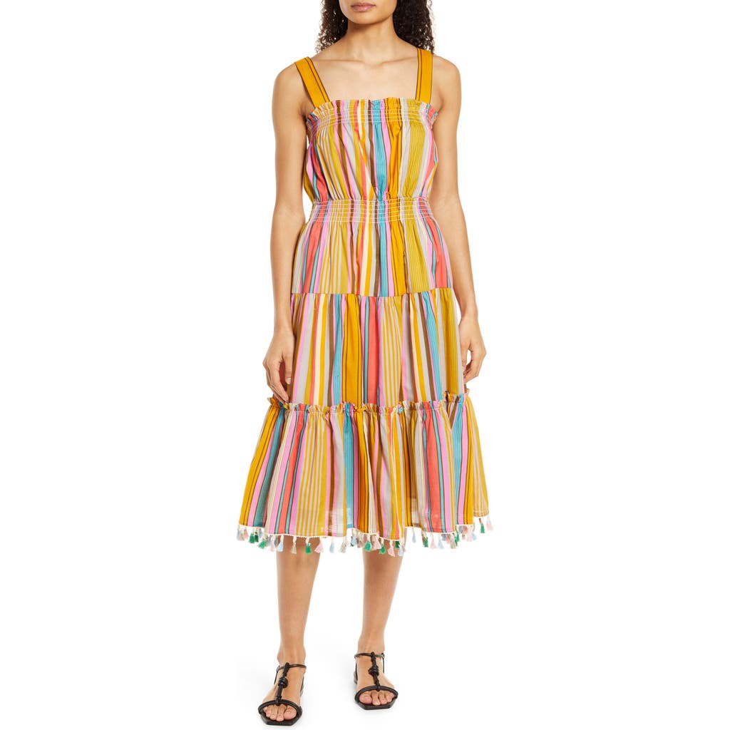 Tahari Asl Stripe Cotton Dress In Mustard/blue/pink