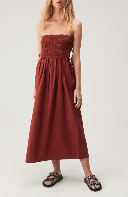Shop Nasty Gal Smocked Strapless Cotton Midi Dress In Rust