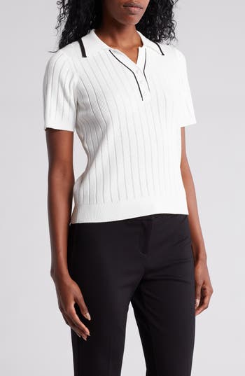 Shop Adrianna Papell Tipped Short Sleeve Polo Sweater In Ivory/black