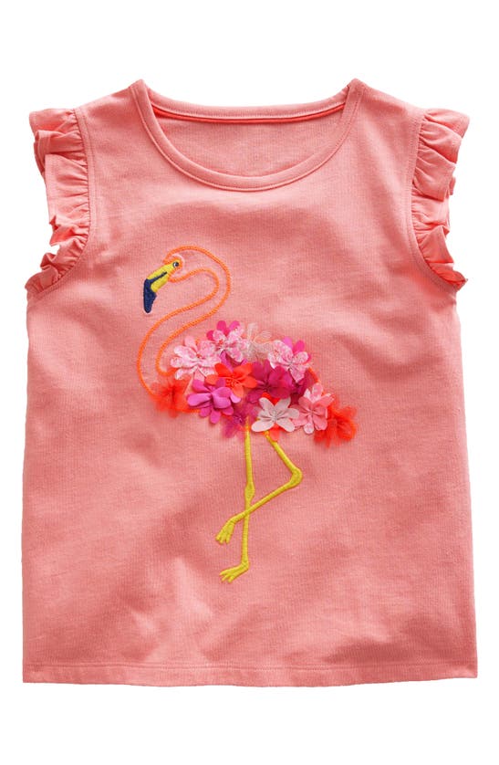 Mini Boden Kids' Embroidered 3d Appliqué Tank In Peach Sorbet Flamingo