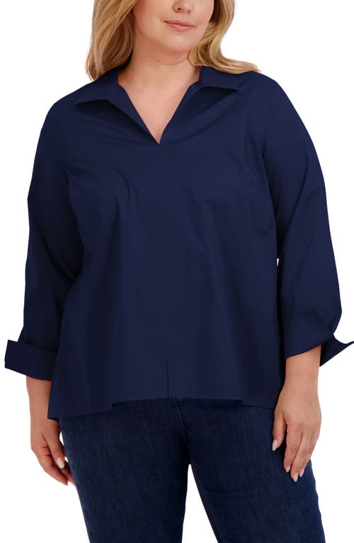 Foxcroft Agnes Smocked Cuff Blouse in Navy