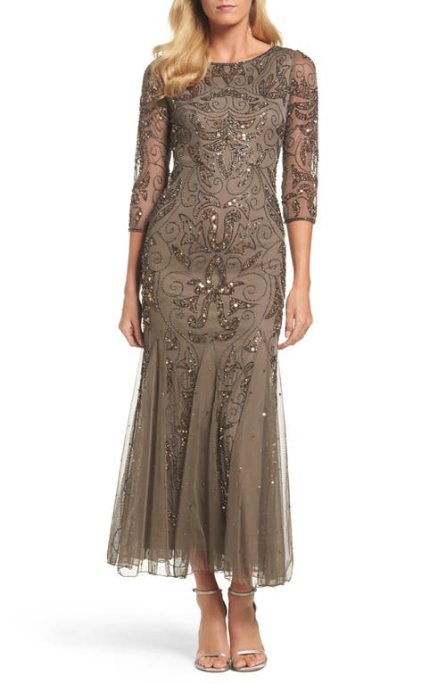 Illusion Sleeve Beaded A-Line Gown in Mocha