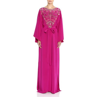 Marchesa Beaded Long Sleeve Silk Crepe Caftan, Pink