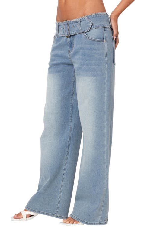 Shop Edikted Belted Relaxed Wide Leg Jeans In Blue-washed