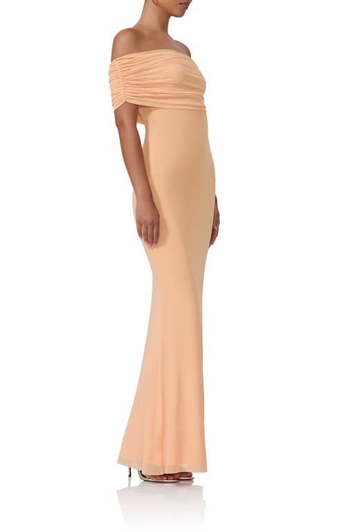 Afrm Mccall Off The Shoulder Mesh Maxi Dress In Peach Fuzz