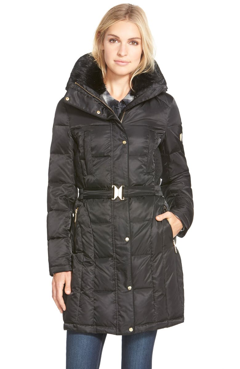 Vince Camuto Belted Down & Feather Fill Coat with Faux Fur | Nordstrom