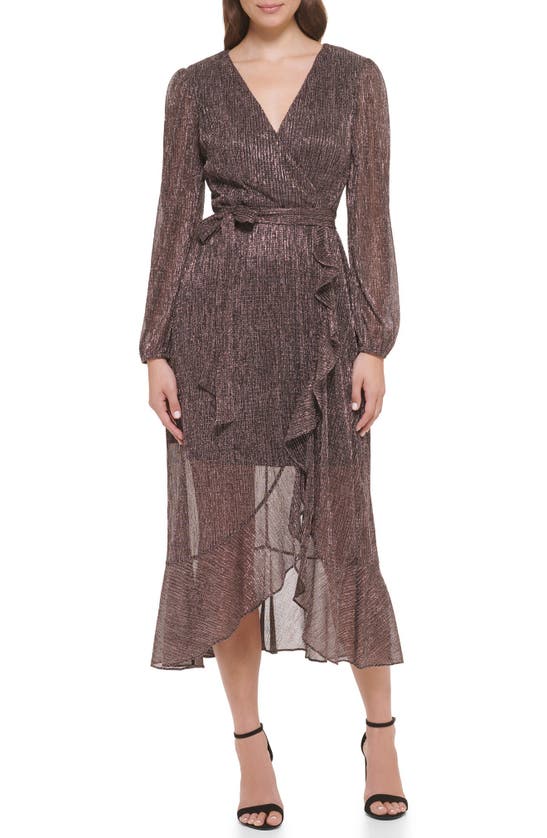 Kensie Long Sleeve Shimmer Knit Midi Dress In Rose Gold/ Black