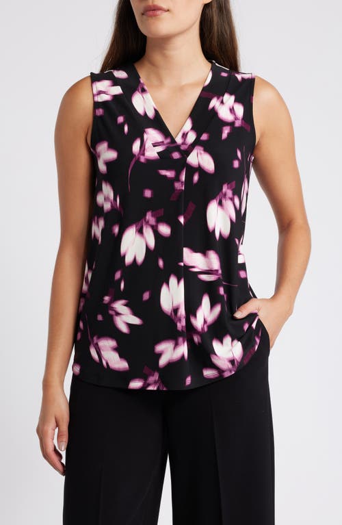 Shop Anne Klein Abstreact Floral Pleat V-neck Sleeveless Top In Orchid Pink Multi