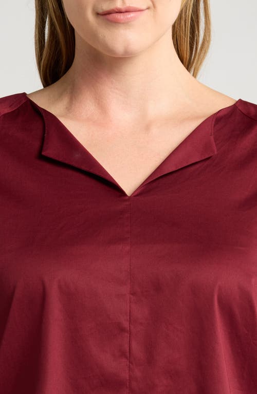 Shop Harshman Cerys Split Neck Pleated Cuff Cotton Top In Burgundy