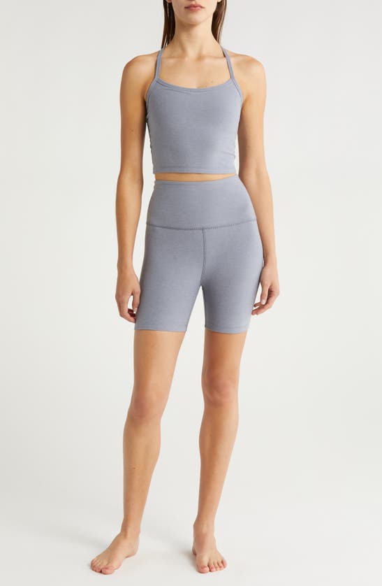 Shop Beyond Yoga Keep Pace Space Dye Bike Shorts In Cloud Gray Heather