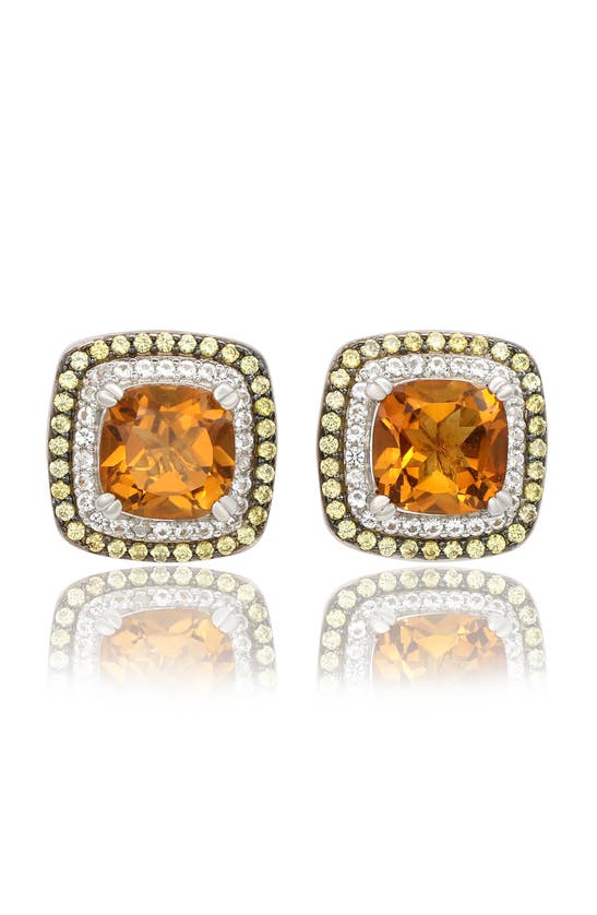 Suzy Levian Sterling Silver Cushion Cut Citrine, White Topaz & Yellow Sapphire Halo Stud Earrings In Yellow