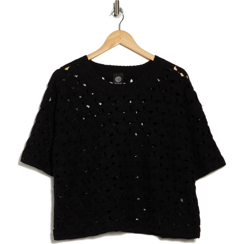 Bobeau Floral Crochet Short Sleeve Top In Black